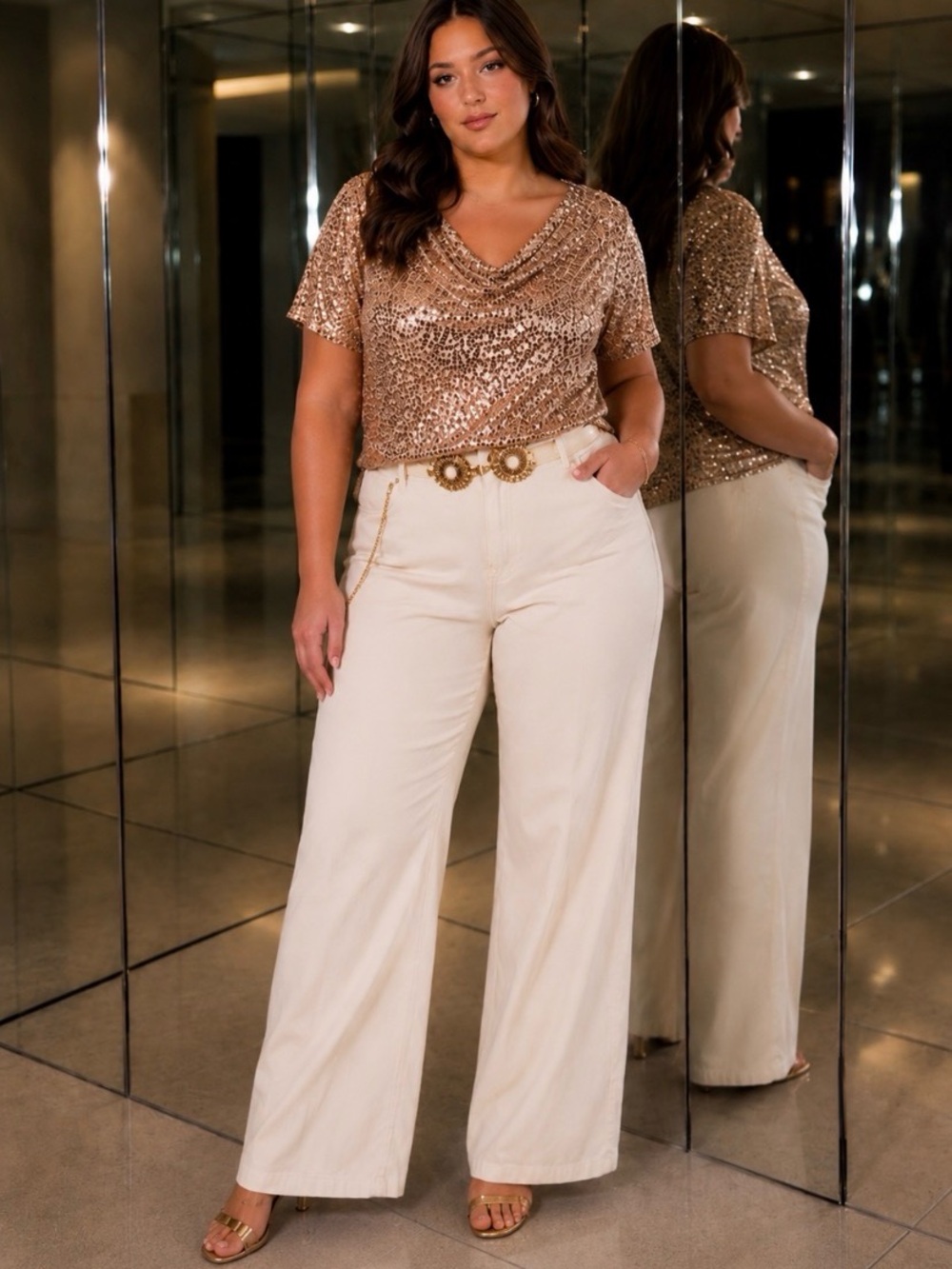 ANNA-KACI Rose Gold Sequin Short Sleeve Top
